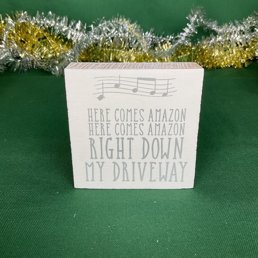 "Here Comes Amazon" Funny Christmas Wood Block Sign - Holiday Shelf Sitter Decor